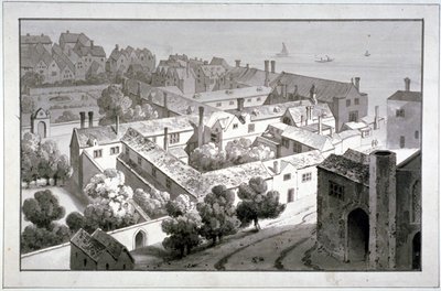 विंचेस्टर के महल, साउथवार्क, लंदन के बिशप का विहंगम दृश्य, c1820। द्वारा जॉर्ज शेफर्ड