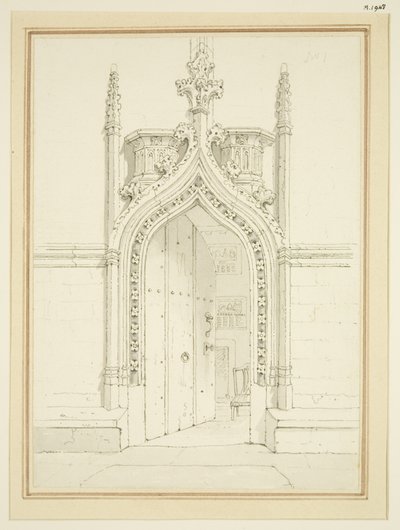 सेंट मैरी रेडक्लिफ के वेस्ट्री रूम का द्वार, c.1812 (कागज पर पेंसिल और वॉटरकलर) द्वारा जॉर्ज शेफर्ड