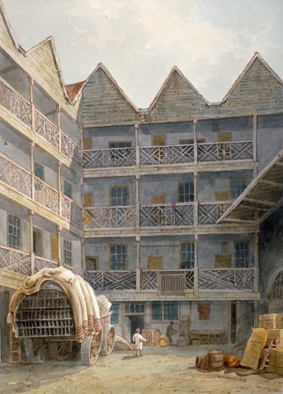 बुल एंड माउथ इन, सेंट मार्टिन ले ग्रैंड, लंदन शहर, 1817 में यार्ड का दृश्य। द्वारा जॉर्ज शेफर्ड