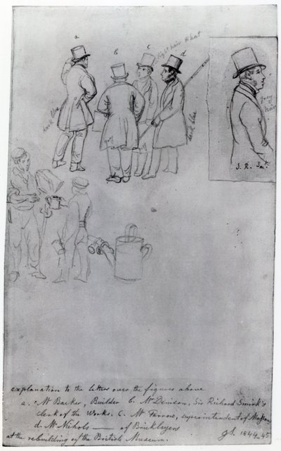 ब्रिटिश संग्रहालय के पुनर्निर्माण पर बिल्डर्स और सर्वेयर, 1844 (कागज पर पेंसिल) द्वारा जॉर्ज Snr तीव्र