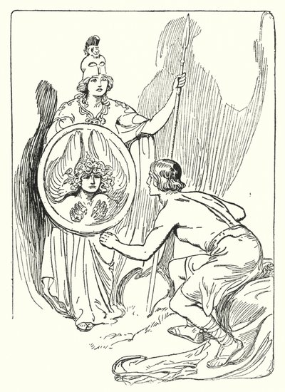पर्सियस: "ढाल के दर्पण में एक चेहरा दिखाई दिया" (लिथो) द्वारा जॉर्ज सॉपर