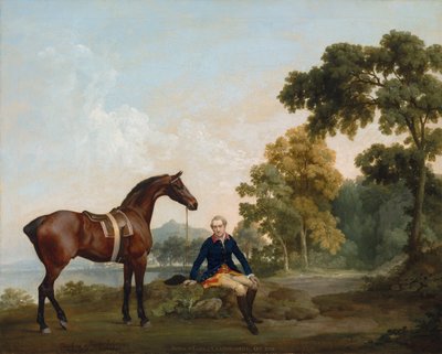 जेम्स हैमिल्टन, क्लैनब्रैसिल (1730-1798) के दूसरे अर्ल, अपने बे शिकारी मोगरे के साथ, एक झील के किनारे एक जंगली रास्ते पर आराम कर रहे थे। द्वारा जॉर्ज स्टब्स