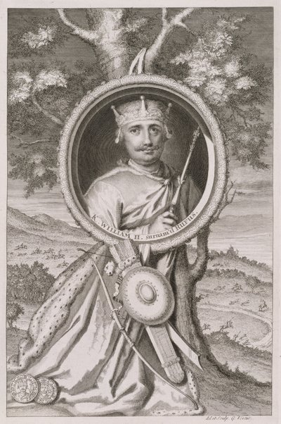 विलियम II 'रूफस' (c.1056-1100) 1087 से इंग्लैंड के राजा, कलाकार द्वारा उकेरा गया (उत्कीर्णन) द्वारा जॉर्ज वर्ट्यू