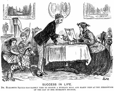 जीवन में सफलता: रोल रिवर्सल और आधुनिक पेशेवर महिला। 1867 के लिए पंच अल्मनैक के लिए जॉर्ज डू मौरियर कार्टून। 1865 में एलिजाबेथ गैरेट एंडरसन (1836-1917) को एपोथेकरीज़ सोसायटी द्वारा अभ्यास करने के लिए लाइसेंस दिया गया था। द्वारा जॉर्ज डू मौरियर