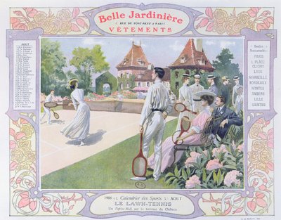 लॉन टेनिस, कपड़े की दुकान &39;ला बेले जार्डिनियर&39;, 1906 के लिए एक कैलेंडर से अगस्त के लिए चित्रण द्वारा जॉर्जेस बर्टिन स्कॉट