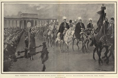 हाइड पार्क कॉर्नर पर अंतिम संस्कार जुलूस, पार्क में प्रवेश करने वाले रॉयल मॉर्नेर्स द्वारा जॉर्जेस बर्टिन स्कॉट