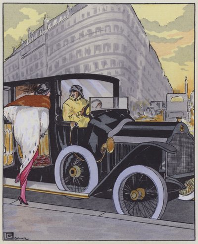1910 के दशक का महिलाओं का फ़ैशन और लोरेन-डिट्रिच कार। (रंग लिथो) द्वारा जॉर्जेस लियोनेक