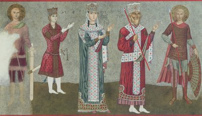 रानी थमार (1184-1213) और उनके पिता राजा ग्रिगोरि III (1156-1184) को दर्शाती एक भित्तिचित्र की प्रति द्वारा जॉर्जियाई स्कूल