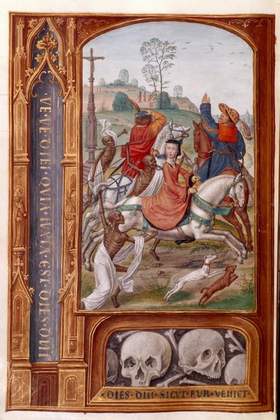 35313 fol.158v जोड़ें कंकाल एक शिकार दल पर हमला करते हैं, #39;विजिल्स ऑफ द डेड#39; से, लगभग 1500 (वेल्लम) द्वारा जेरार्ड होरेनबाउट