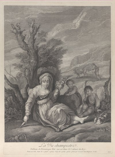 दो लड़कों के साथ परिदृश्य में बैठी एक ग्रामीण महिला, 1729-40। द्वारा जेरार्ड जीन बैप्टिस्ट स्कॉटिन