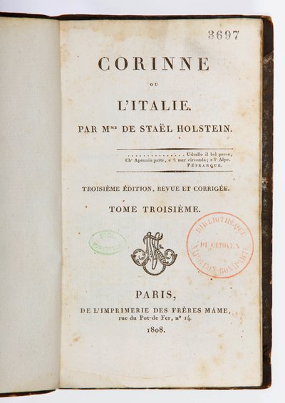 Corinne ou lItalie का शीर्षक पृष्ठ, तीसरा संशोधित और बढ़े हुए संस्करण, तीसरा खंड, Imprimerie des Freres Mame, Paris, 1808 (मुद्रित पत्र) द्वारा जर्मेन डे स्टेल