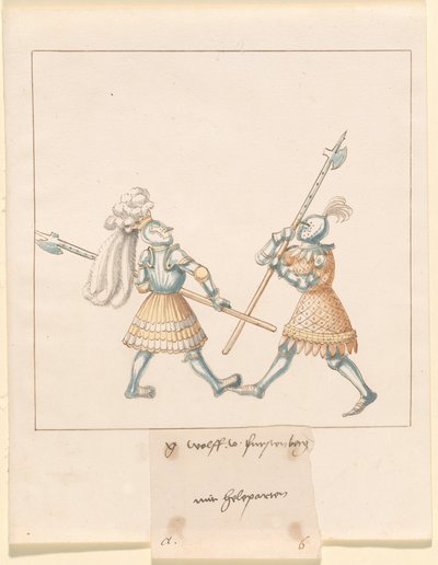 फ़्रीडाल, द बुक ऑफ़ जॉस्ट्स एंड टूर्नामेंट ऑफ़ एम्परर मैक्सिमिलियन I: कॉम्बैट्स ऑन फ़ुट (जॉस्ट्स)(वॉल्यूम III): जी. वुल्फ वॉन फ़र्स्टनबर्ग मिट हेलेपार्टन, प्लेट 141 द्वारा जर्मन 16वीं शताब्दी