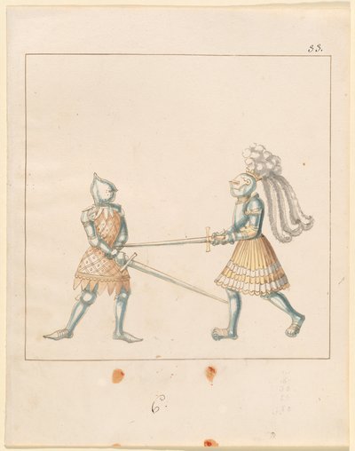 फ़्रीडल, द बुक ऑफ़ जॉस्ट्स एंड टूर्नामेंट ऑफ़ एम्परर मैक्सिमिलियन I: कॉम्बैट्स ऑन फ़ुट (जॉस्ट्स) (खंड III): प्लेट 163 द्वारा जर्मन 16वीं शताब्दी