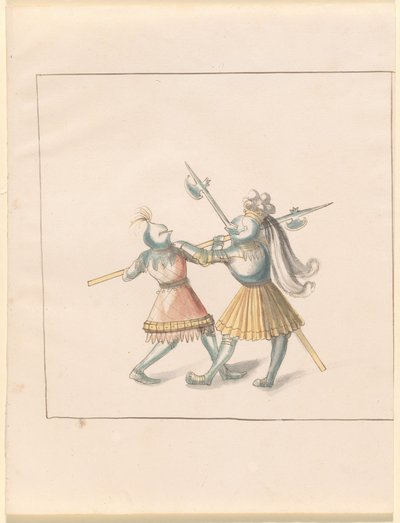 फ़्रीडल, द बुक ऑफ़ जॉस्ट्स एंड टूर्नामेंट ऑफ़ एम्परर मैक्सिमिलियन I: कॉम्बैट्स ऑन फ़ुट (जॉस्ट्स) (खंड III): प्लेट 143 द्वारा जर्मन 16वीं शताब्दी