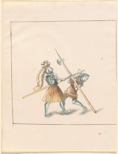 फ़्रीडल, द बुक ऑफ़ जॉस्ट्स एंड टूर्नामेंट ऑफ़ एम्परर मैक्सिमिलियन I: कॉम्बैट्स ऑन फ़ुट (जॉस्ट्स) (खंड III): प्लेट 142 द्वारा जर्मन 16वीं शताब्दी