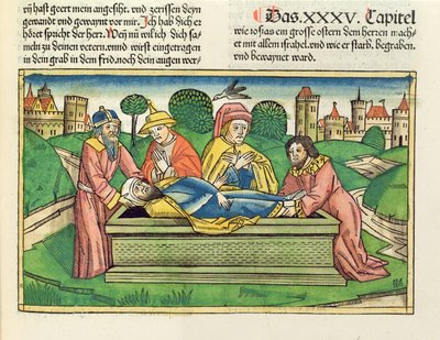 2 इतिहास 35 24 जोसेहिया का दफन, नूर्नबर्ग बाइबिल (Biblia Sacra Germanaica) (रंगीन लकड़ियों) द्वारा जर्मन स्कूल