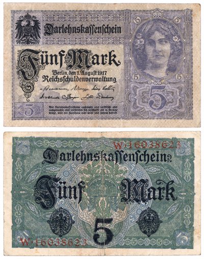 एक पाँच चिह्न बैंकनोट, 1917 (रेक्टो और वर्सो) द्वारा जर्मन स्कूल