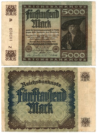 पांच हजार का निशान बैंकनोट, 1922 (रेक्टो और वर्सो) द्वारा जर्मन स्कूल