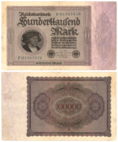एक सौ हज़ार का निशान बैंकनोट, 1923 (रेक्टो और प्रोमो) द्वारा जर्मन स्कूल