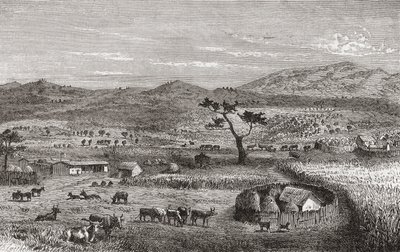 1878 में प्रकाशित &39;द वर्ल्ड इन द हैंड्स&39; का चित्रण, पश्चिम अफ्रीका के कोइहारा में एक बस्ती द्वारा जर्मन स्कूल