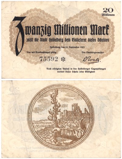 एक बीस मिलियन मार्क बैंकनोट, 1923 (रेक्टो और वर्सो) द्वारा जर्मन स्कूल