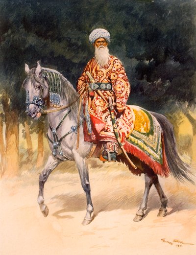 पारंपरिक पोशाक, पब में एक तुर्कमान घोड़े पर सवार एक सशस्त्र योद्धा। 1912. द्वारा जर्मन स्कूल