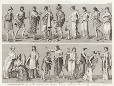 प्राचीन ग्रीक वेशभूषा। बिल्डर-एटलस के लिए चित्रण (उत्कीर्णन) द्वारा जर्मन स्कूल