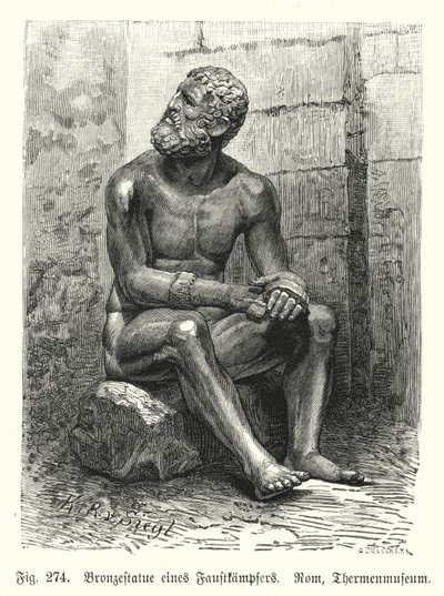 एक बैठे मुक्केबाज की प्राचीन ग्रीक या रोमन कांस्य प्रतिमा (उत्कीर्णन) द्वारा जर्मन स्कूल