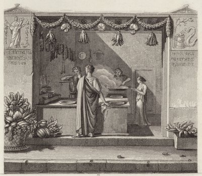 प्राचीन रोमन दुकान। बिल्डर-एटलस के लिए चित्रण (उत्कीर्णन) द्वारा जर्मन स्कूल