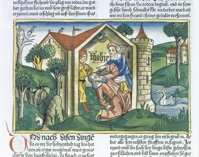 Apocrypha: ट्यूरिट को नूर्नबर्ग बाइबिल (Biblia Sacra Germanaica) (रंगीन लकड़बग्घा) से गौरैया की बूंदों द्वारा अंधा कर दिया जाता है द्वारा जर्मन स्कूल