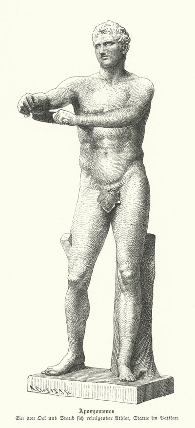 Apoxyomenos, एक एथलीट की मूर्ति जो एक स्ट्रिगिल (उत्कीर्णन) के साथ अपने शरीर से पसीना और धूल झाड़ता है द्वारा जर्मन स्कूल