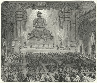 पेकिंग में एक मठ में पूजा करते बौद्ध (उत्कीर्णन) द्वारा जर्मन स्कूल