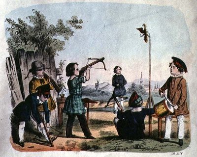 आर्कब्यूज़ के साथ लक्ष्य की शूटिंग करते बच्चे, c.1860 (रंग उत्कीर्णन) द्वारा जर्मन स्कूल
