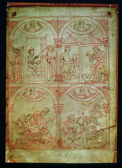 कोडेक्स 507 fol.2r वीवर, शूमेकर, मछुआरों और हंटर, रेनर मस्टरबच से, c.1208-18 द्वारा जर्मन स्कूल