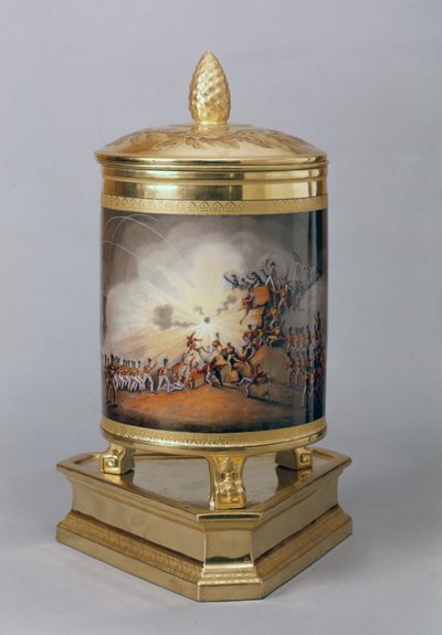 प्रशियाई डिनर सेवा, बर्लिन, 1816-19 (चीनी मिट्टी के बरतन और गिल्ट) से, सियुद रोड्रिगो के तूफान का चित्रण करने वाला कवर द्वारा German School