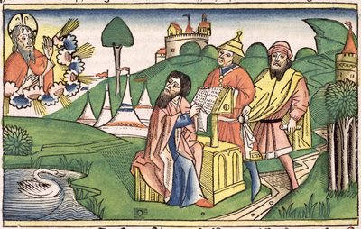व्यवस्थाविवरण: मोर्चे का भाई जिसमें नूरेमबर्ग बाइबिल (Biblia Sacra Germanaica) (रंगीन वुडकट) द्वारा जर्मन स्कूल
