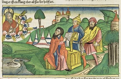 व्यवस्थाविवरण: मोर्चे का भाई जिसमें नूरेमबर्ग बाइबिल (Biblia Sacra Germanaica) (रंगीन वुडकट) द्वारा जर्मन स्कूल