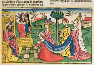 एस्तेर 2 15-18, एस्तेर को नूर्नबर्ग बाइबिल (Biblia Sacra Germanaica) (रंगीन लकड़बग्घा) से फारसी राजा अहासेरुस द्वारा रानी चुना जाता है। द्वारा जर्मन स्कूल