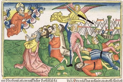 निर्गमन 32 15-23 मूसा ने पत्थर की गोलियां तोड़कर, नूर्नबर्ग बाइबिल (Biblia Sacra Germanaica) (रंगीन लकड़ियाँ) द्वारा जर्मन स्कूल