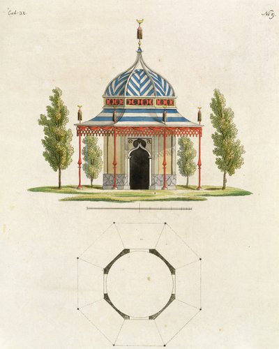 गार्डन के लिए हाल के नए विचारों से एक चीनी गार्डन मंदिर का बाहरी हिस्सा, 1779 प्रकाशित (रंग उत्कीर्णन) (170864 देखें) द्वारा जर्मन स्कूल