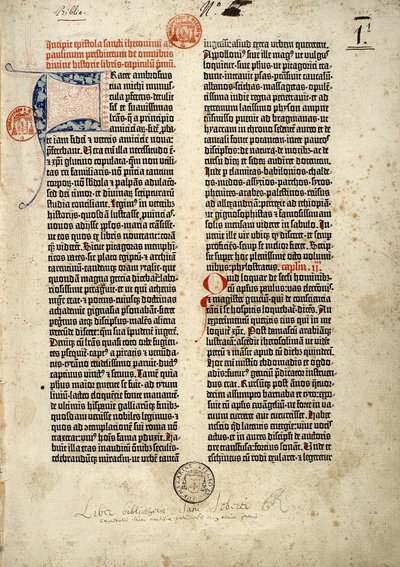 गुटेनबर्ग के लैटिन (वल्गेट) में बाइबिल का पहला पृष्ठ मेनज़ 1452 - 1454 में तैयार किया गया। पवित्र शास्त्र की सभी पुस्तकों से निपटने वाले पुजारी पॉलिन को सेंट जेरोम के महाकाव्य की शुरुआत। द्वारा जर्मन स्कूल