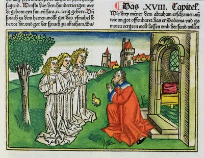 उत्पत्ति 18 2 अब्राहम और तीन एन्जिल्स, नूर्नबर्ग बाइबिल (Biblia Sacra Germanaica) (रंगीन लकड़ी) से द्वारा जर्मन स्कूल