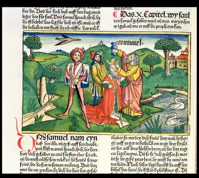 मैं शमूएल 10 नूरेम्बर्ग बाइबिल (Biblia Sacra Germanaica) (रंगीन वुडकट) से शाऊल का राज्याभिषेक और घोषणा द्वारा German School