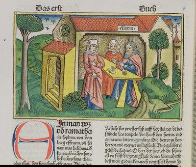 मैं शमूएल 1: 8 एल्काना आराम हन्नाह, नूर्नबर्ग बाइबिल (Biblia Sacra Germanaica) (रंगीन लकड़बग्घा) से द्वारा जर्मन स्कूल