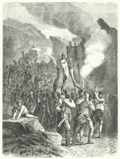 यहोशू वादा किए गए देश में इस्राएलियों का नेतृत्व कर रहा है (उत्कीर्णन) द्वारा जर्मन स्कूल