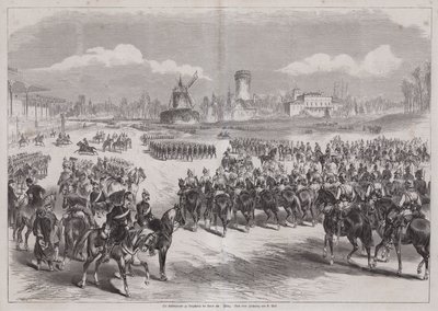जर्मनी के कैसर विल्हेम I, लॉन्गचैम्प, पेरिस, फ्रांस में मार्च 1871 में अपनी सेना की परेड देख रहे हैं (उत्कीर्णन) द्वारा जर्मन स्कूल