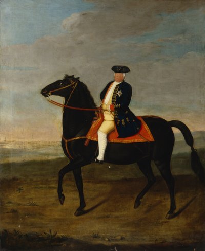 बैकग्राउंड में पोट्सडैम के साथ घोड़े पर किंग फ्रेडरिक विलियम I, c.1735 द्वारा German School