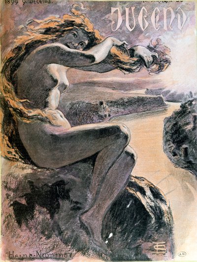 लोरेले और राइन नदी, जुगेंड पत्रिका के विशेष अंक कवि हेनरिक हेन (1797-1856) को समर्पित, 9 दिसंबर 1899 को कवर द्वारा जर्मन स्कूल
