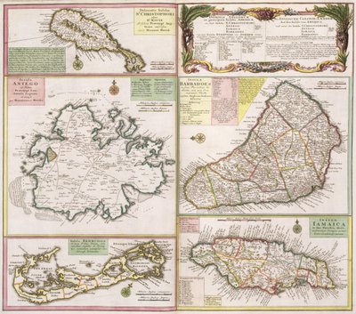 कैरिबियन में अंग्रेजी कालोनियों का नक्शा, पब। होमन वारिस, नूर्नबर्ग, c.1750 (विवरण के लिए 101837-38 देखें) द्वारा जर्मन स्कूल