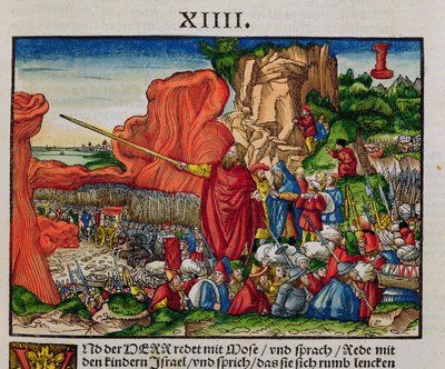 लाल सागर से मूसा लाल सागर को पार करता है, c.1530 (रंगीन लकड़ियाँ) द्वारा जर्मन स्कूल